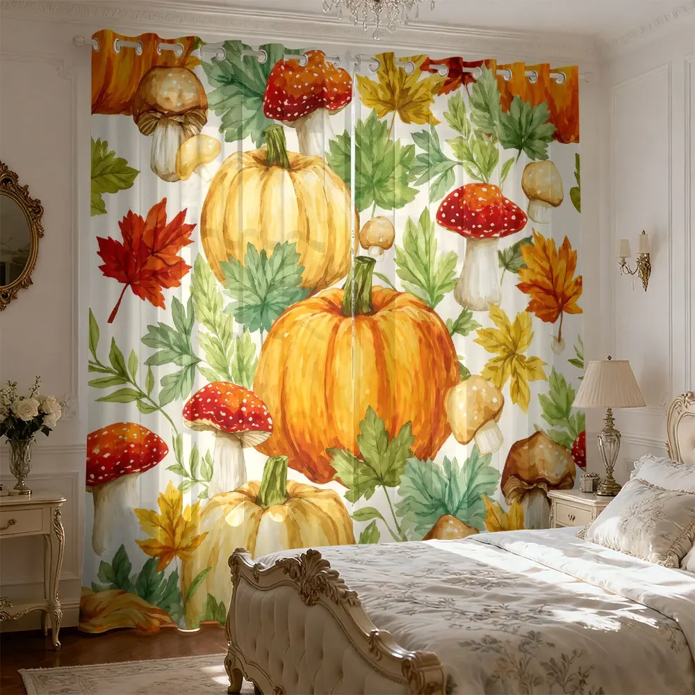 2pc autumn pumpkin, mushroom, and maple leaf printed curtains living rooms bedrooms light blocking home decoration