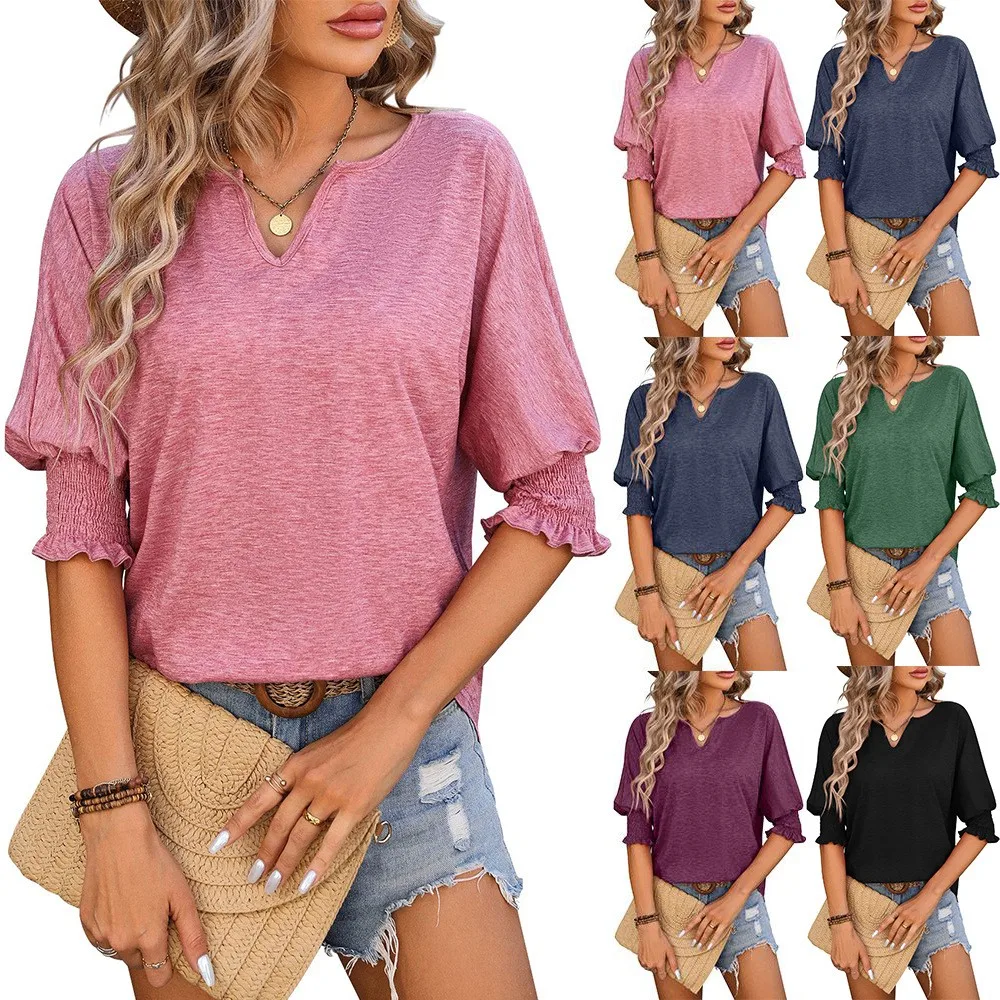 

Casual Women Short Sleeve T Shirt Loose Fit Batwing Sleeve Solid Color T Shirts V Neck Cap Sleeve Knit Tee Ruffled Cuff Drop