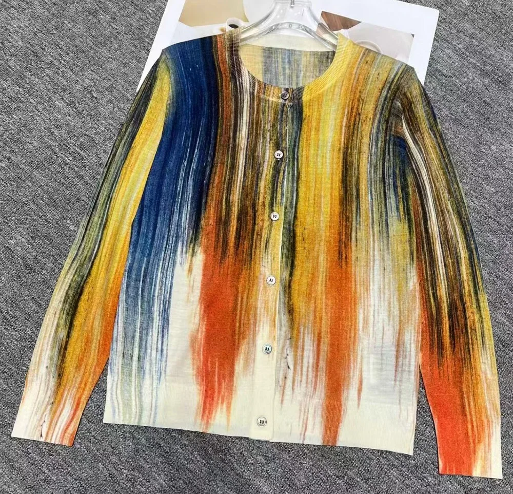 100%Wool Knitted Cardigans 2025 Autumn Winter Knitwear Lady Oil Painting Patterns Long Sleeve Casual Soft Cardigan Tops Outwear