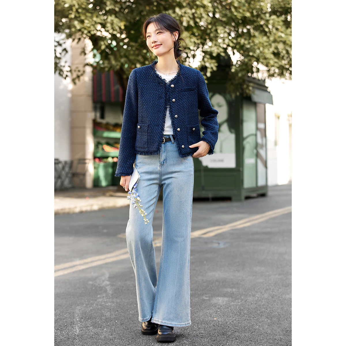 VIMLY Francese Elegante Giacca di Tweed Donna 2025 Autunno Nuovo O-Collo Cappotti Corti Solido Monopetto Tasche Tuta Sportiva Femminile A2632