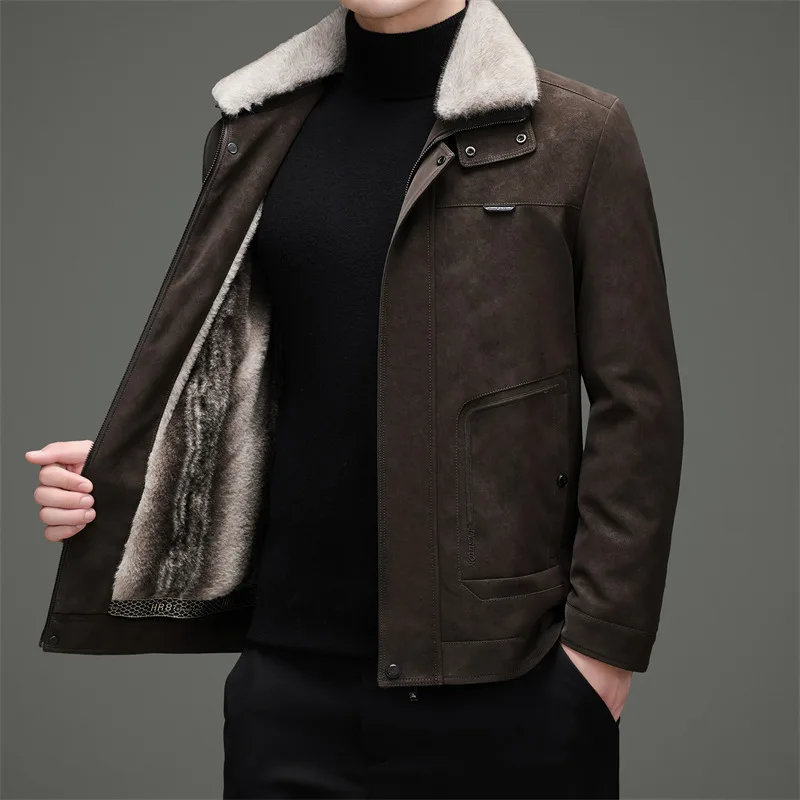 Men's Lapel Detachable Fur Collar Fleece Lined Jackets New 2026 Winter Business Casual Thicken Warm Plush Coats Outerwear Parkas