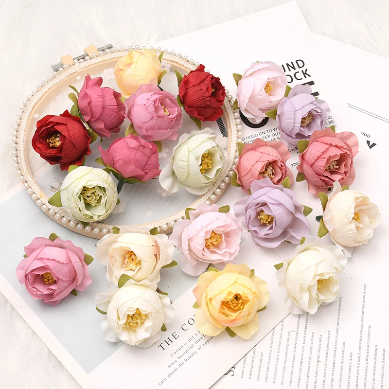 50PCS 3-4cm Rose Buds Artificial Silk Flower Heads Wedding Decoration DIY Birthday Party Wreath Scrapbooking Craft Fake Flowers