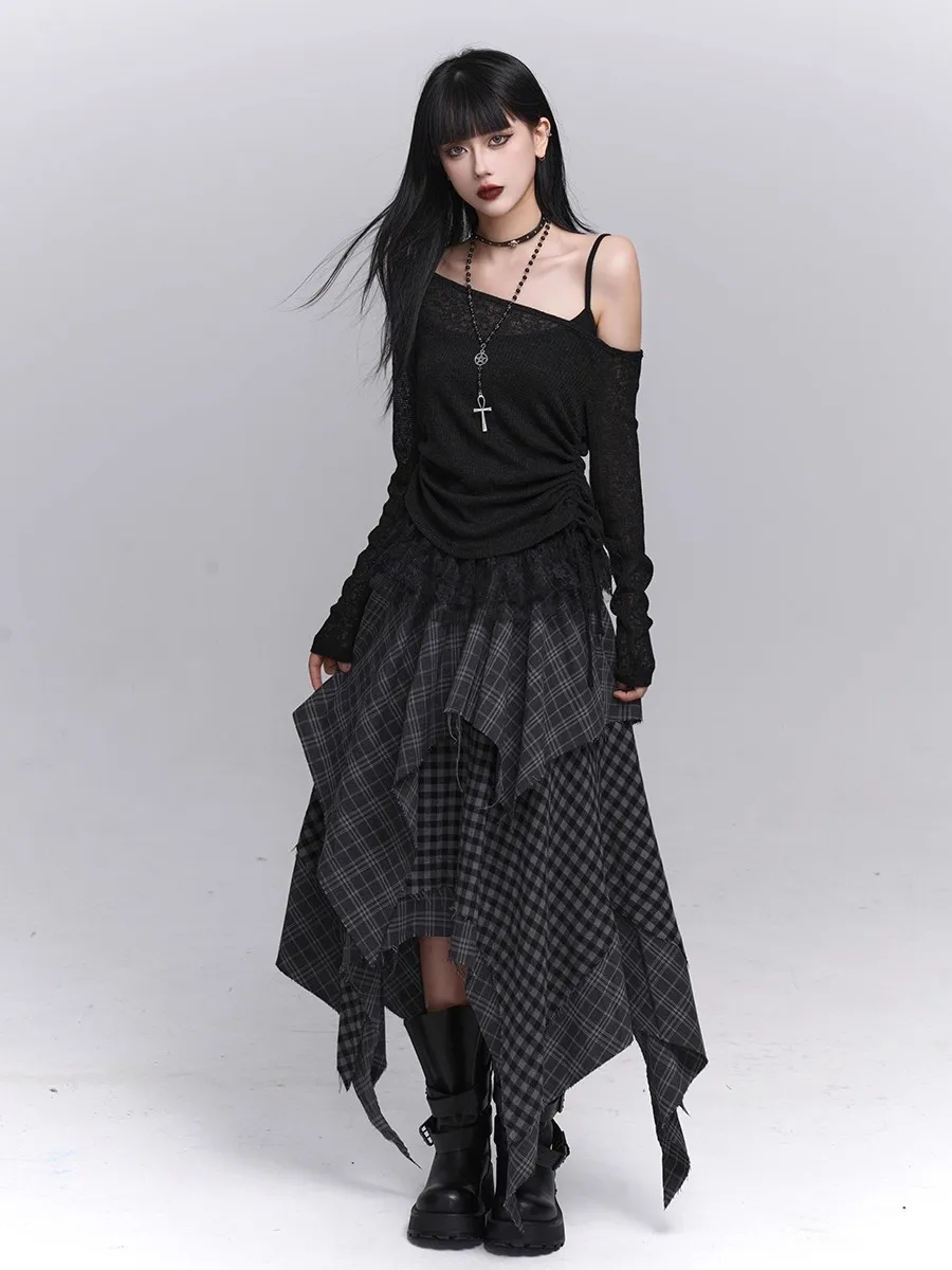 REDDACHiC Acubi موضة منقوشة غير المتكافئة تنورة Alt القوطي مرونة الخصر غرزة الخام حافة طويلة تنورة فلوي حجم كبير النساء قيعان #3