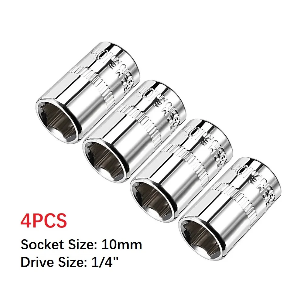 4pcs 1/4" Drive 10mm Chrome Vanadium Steel Shallow Socket Repair Tools 2.5cm For DIY Auto Repair Hand Tools