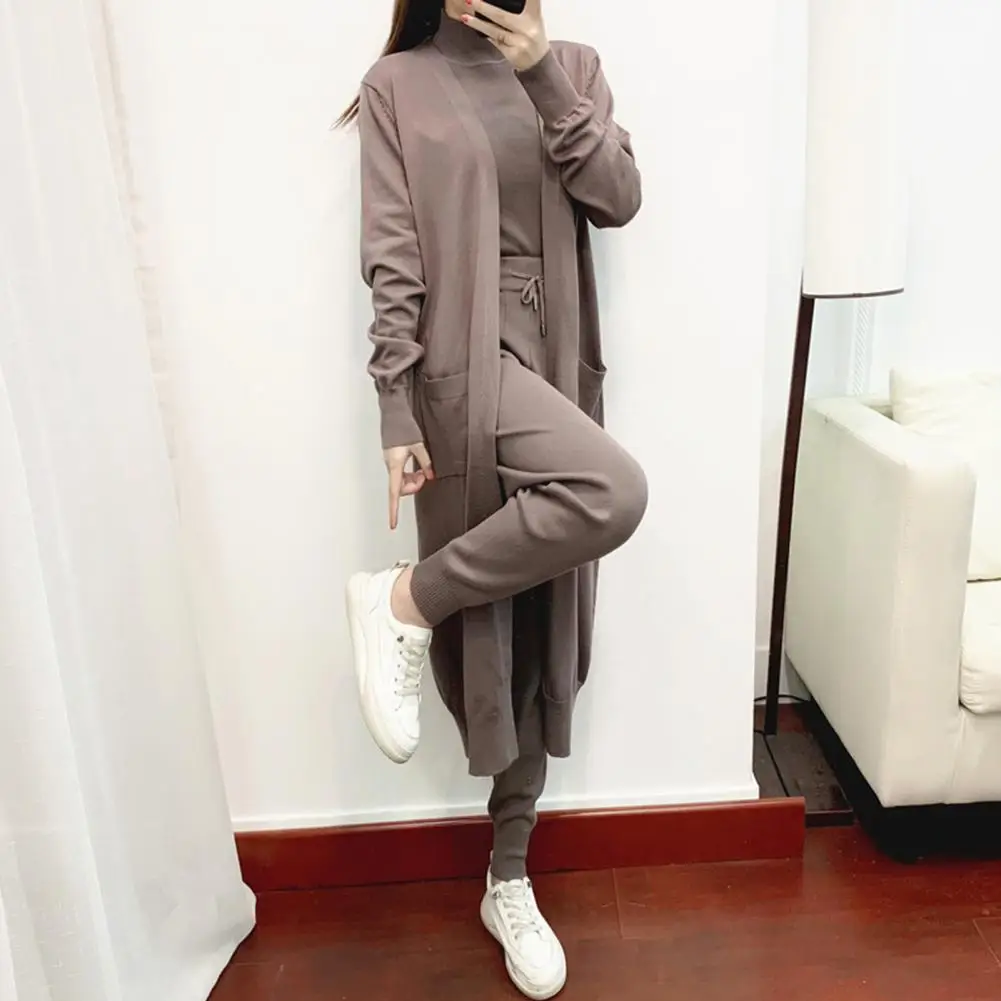 Winter Women Knitted 3 Pieces Set Casual Thicken Long Coat Dress Sweater Coat +top + Pant 3PCS Suits Warm Set 2024