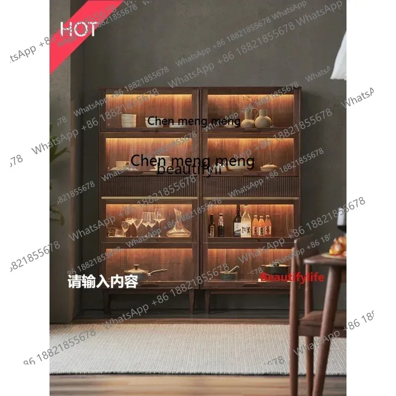 cn8617 LHY New Arrivals Solid Wood Bookcase Black Walnut Storage Cabinet Dustproof Glass Wine Cabinet Flip-Door Bookshelf Displa