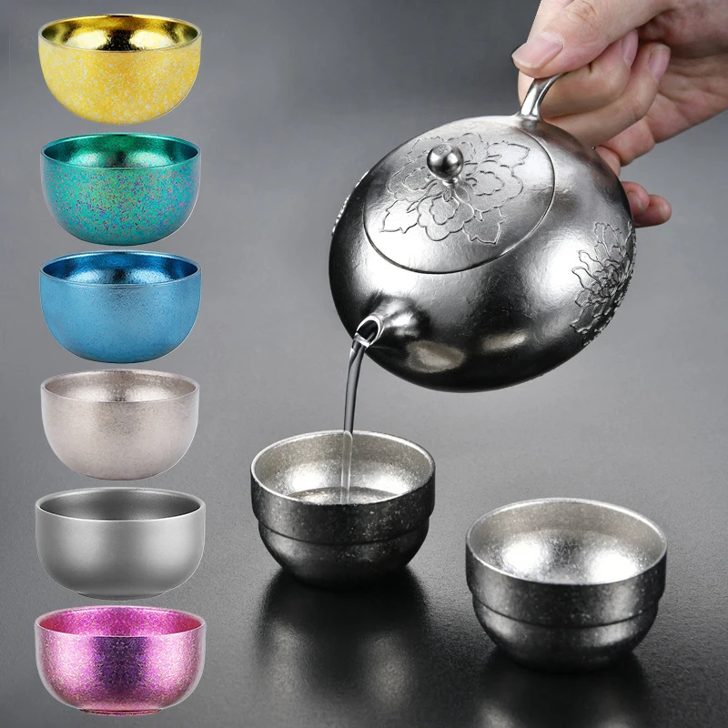 Titanium Cup Pure Titanium Tea Cup Outdoor Camping Portable Tea Set Portable Storage Home Double Layer Anti Scalding Tea Bowl