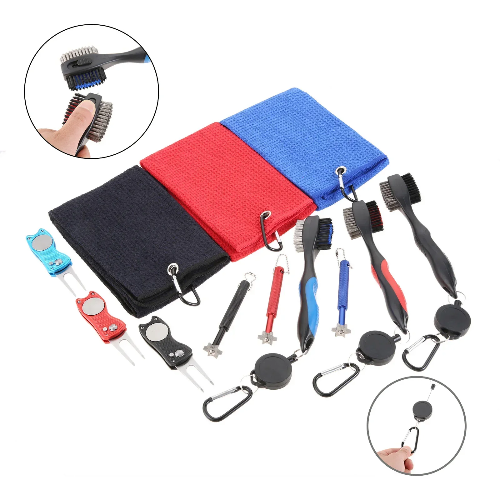 Golf Club Cleaner Set,Golf Club Brush,6 Heads Golf Club Groove Sharpener,Golf Towel,Foldable Divot Repair Tool with Ball Marker