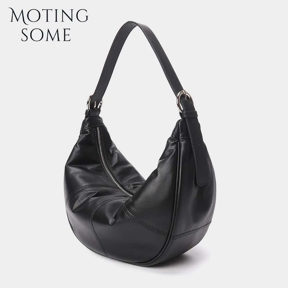 Motingsome Minimalism Style Women Leather Saddle Bag Luxury Genuine Leather Shoulder Underarm Saddle Purse Black Pouch 2024 New