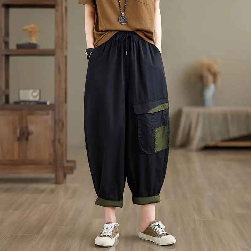 

2024 Spring Summer New Arts Style Women Elastic Waist Loose Ankle-length Pants Patches Pocket All-matched Casual Harem Pants