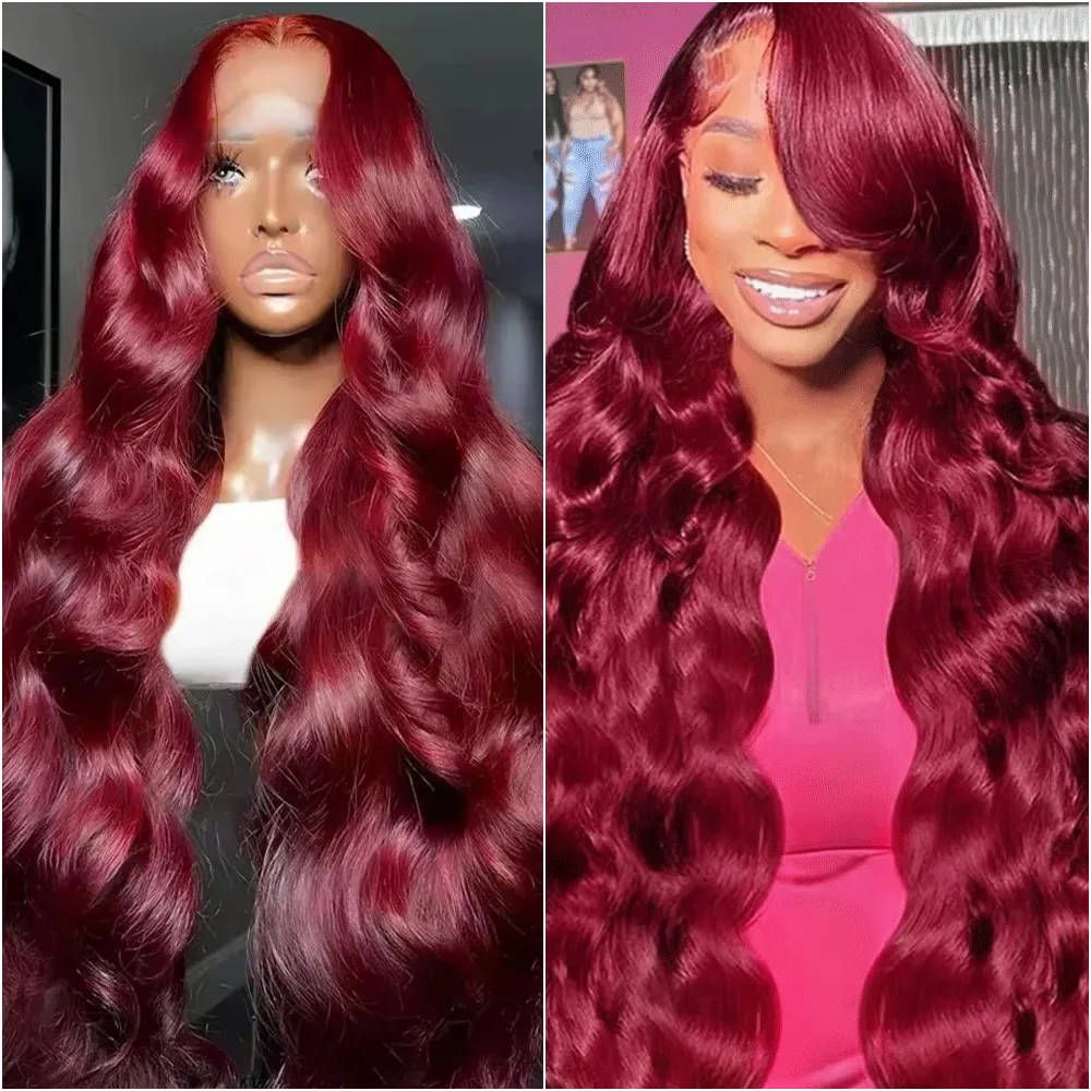 

99j Бордовый 13x6 HD Парик Фронта Шнурка 200% Плотность 40 дюймов Предварительно Сорванные Объемные Волны Парики Фронта Шнурка Человеческих Волос Парики Для Чернокожих Женщин
