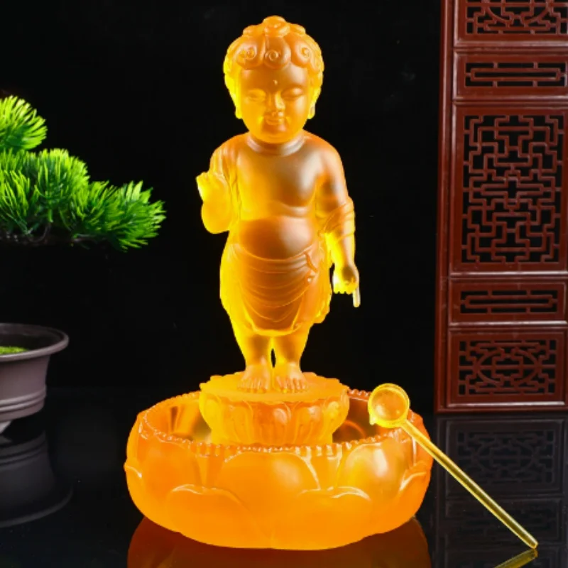 Water Glass Resin Buddha Bathing Statue - Sacred Siddhartha Figure, Traditional Buddhist Supplies Ornament & Tabletop Decor
