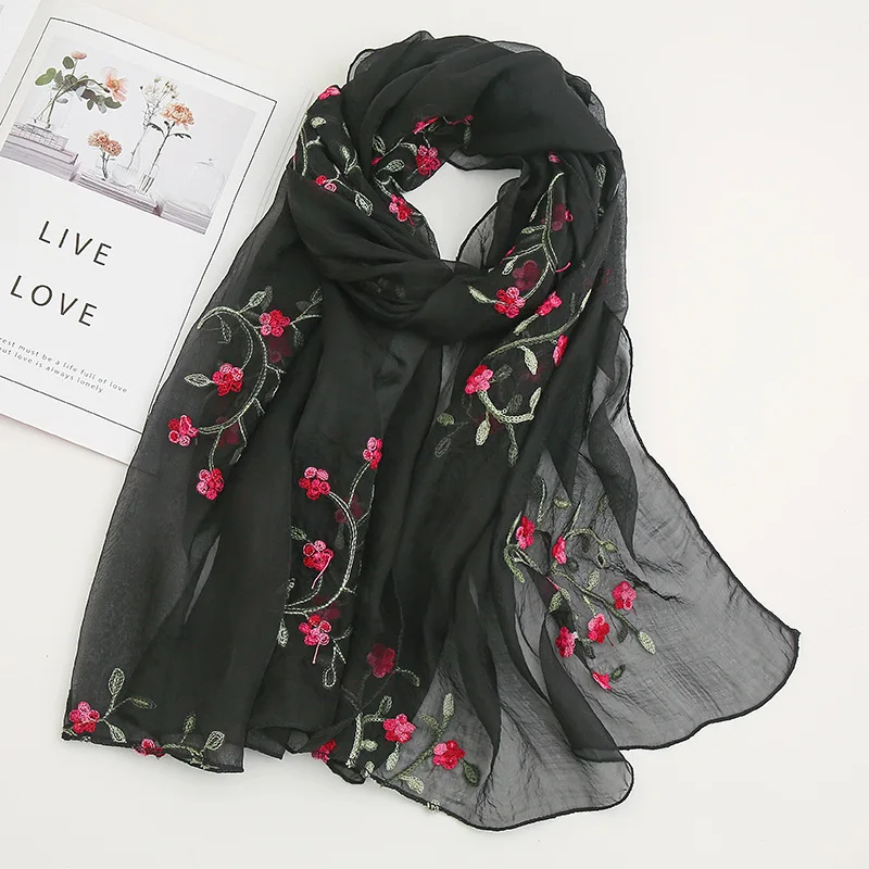 Chinese Style Embroidered Chiffon Hijab Scarf for Muslim Women – Peach Blossom Design, Elegant Long Wrap 6