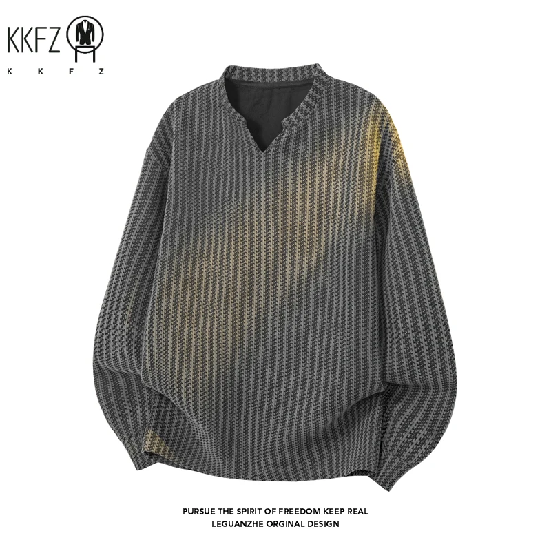 Male Relaxed Oversized V Notch Long Sleeve Top Houndstooth Knit Pattern Lightweight Fabric For Holiday Daily Styling