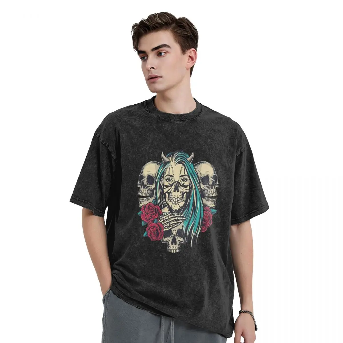 

Skull Designed Men's Vintage Oversized T-Shirts Rose Graphic Novelty T-Shirts Cotton Oversize Top Tees For Men Women