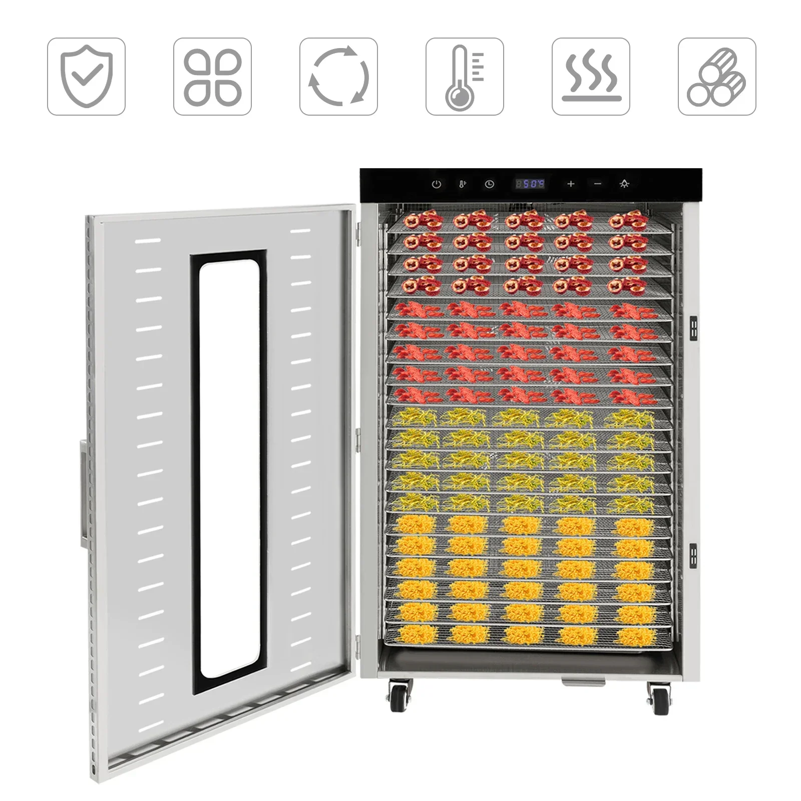 

20-слойный коммерческий дегидратор для пищевых продуктов, сушилка для мяса мощностью 1700 Вт с большой вместимостью, с поддонами для вяленого мяса, 24-часовой таймер, 86-194 ° Ф