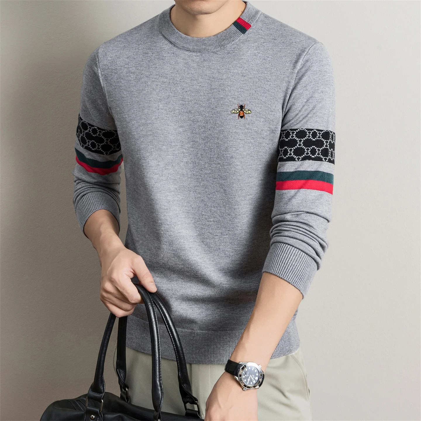 Personality printed knitted round neck pullover luxury brand men's comfort casual new fashion exquisite bee embroidery sweater