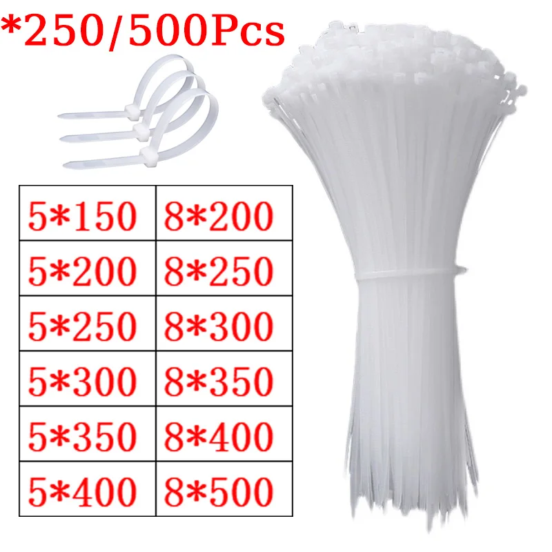 

Self-locking plastic nylon tie 500/250Pcs 250mm White Zip wraps strap 500mm nylon cable tie set fastening ring Loop Wire Wrap