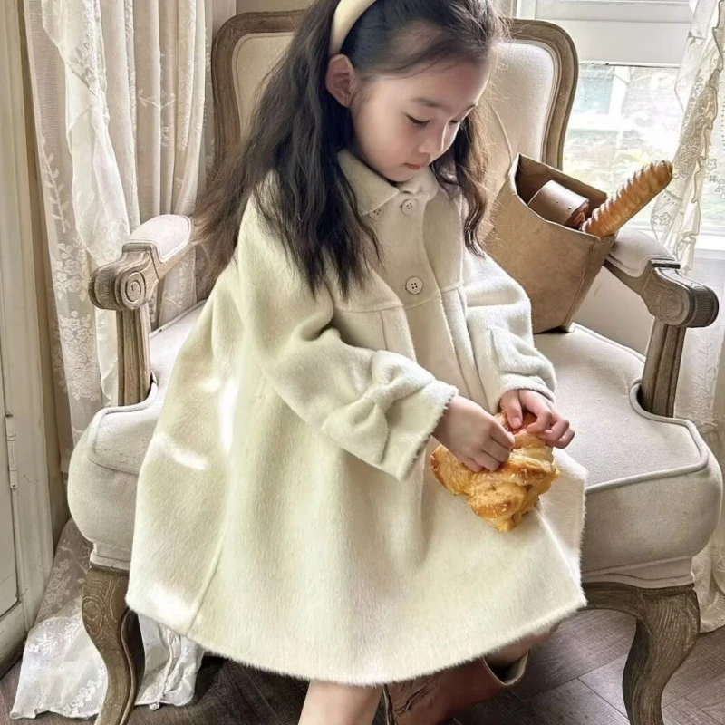 Girls Woolen Coat Overcoat Jacket Windbreak 2023 Beige Warm Thicken Winter Cotton Teenagers Outwear Children\'s Clothing