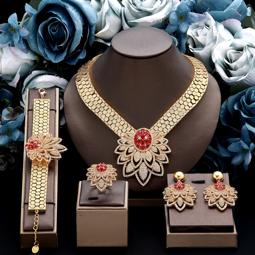 

Luxury Exaggerated Gold Plated Red Gem Cubic Zircon Jewelry Set 4Pcs Necklace Bracelet Ring Earrings Women Wedding Banquet Brida