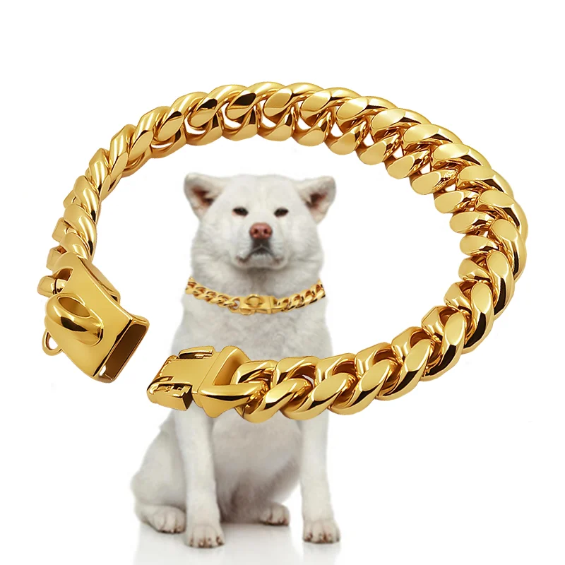 

Metal Dog Collar Stainless Steel Pet Choker Gold Cuban Link Chain 14mm Wide Lead for Small Medium Large Dogs Pet Accessories