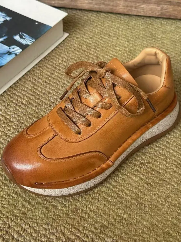 Women New Comfortable Sneakers Lace Up Cowhide Genuine Leather Thick Platform Running Shoes Vintage Casual Female Sport Trainers