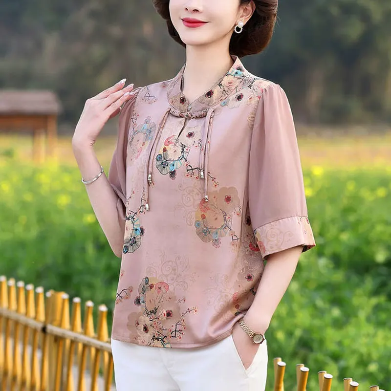 Stylish Stand Collar Loose Blouse 2024 Summer Vintage Floral Printed Women\'s Clothing Folk Chinese Disc Buckle Half Sleeve Shirt