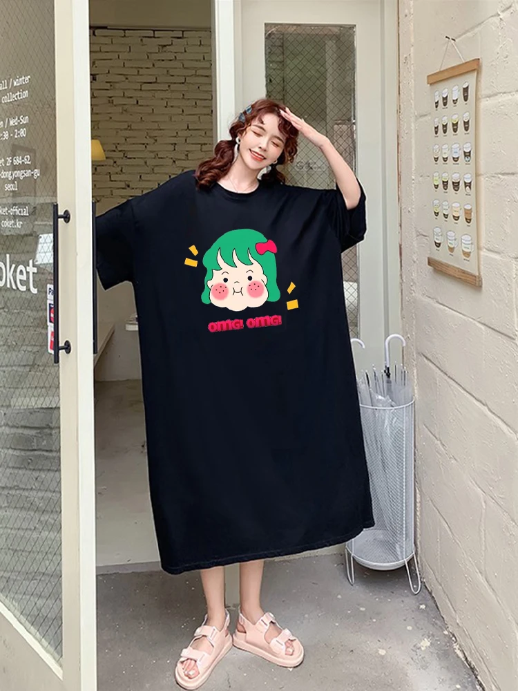 캐주얼 코튼 여름 드레스 여성의 느슨한 티셔츠 스타일 홈웨어 긴 무릎 길이 게으른 소녀 드레스 편안한 플러스 사이즈