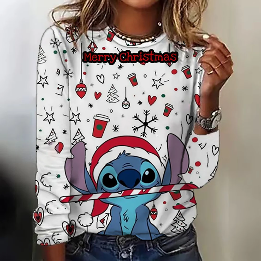 Women\'s round neck long-sleeved Disney Stitch Christmas print loose top breathable long-sleeved pullover daily casual T-shirt