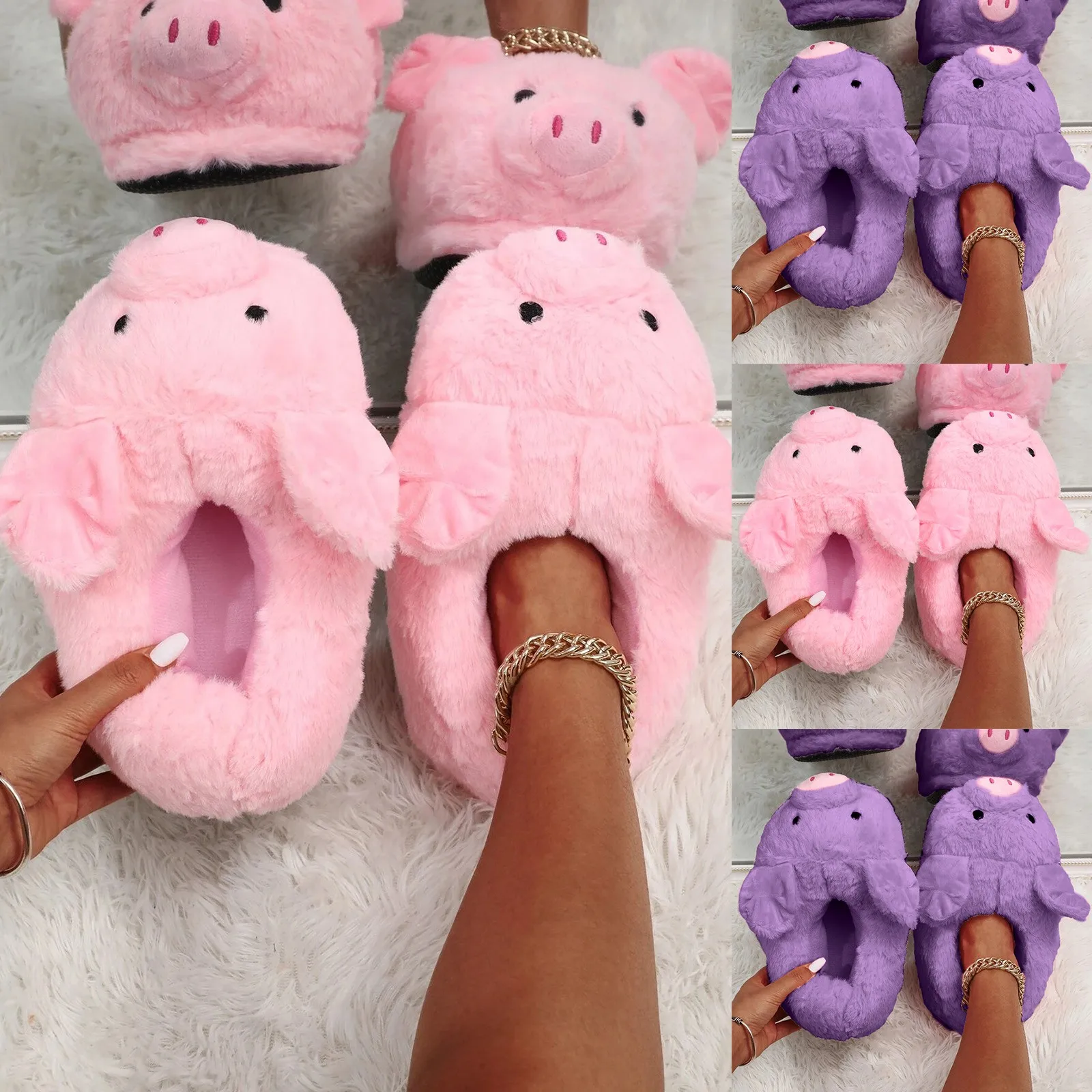 Winter Women Warm Indoor Slippers Ladies Fashion Cute Pink Pig Shoes Women\'s Soft Short Furry Plush Home Floor Plush Slipper