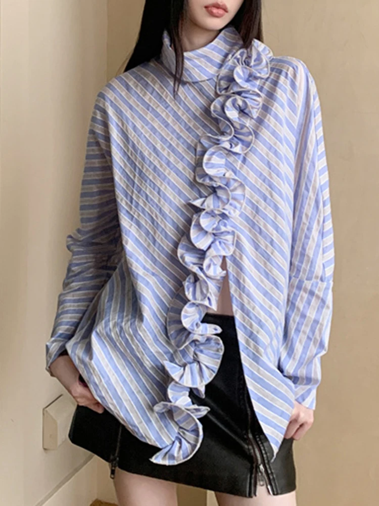 Original Design Blue Striped Shirts Women Elegant Long Sleeve Ruffles Shirt Tops Office Ladies Fashion Irregular Blouse 2024 New