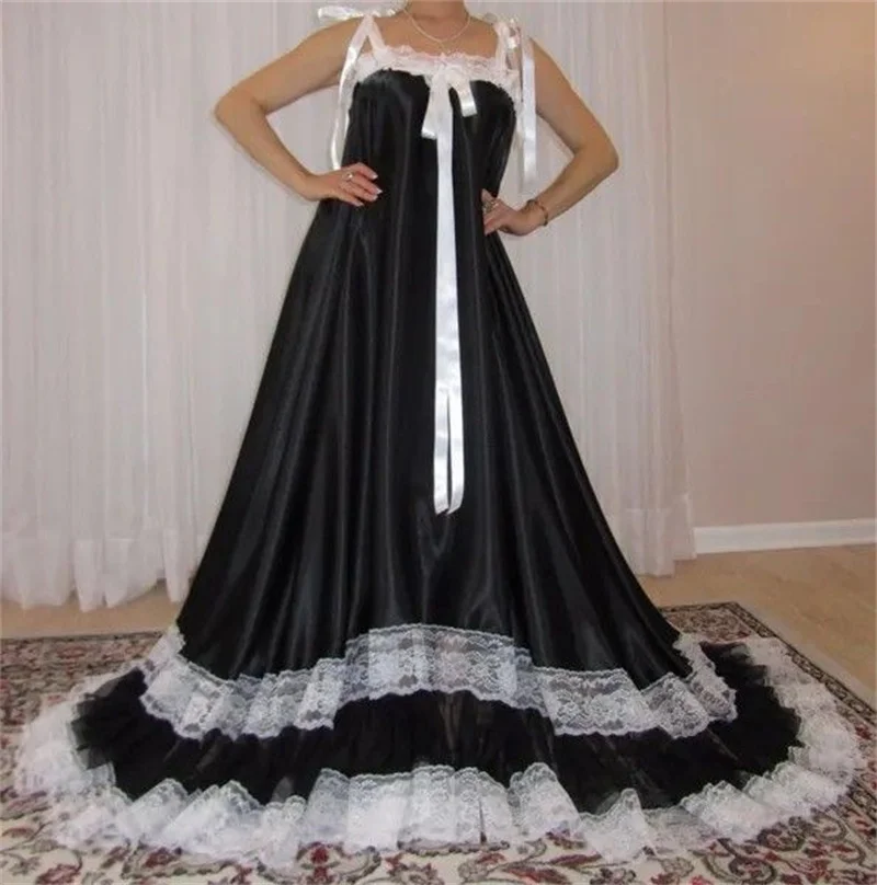

Black White Woman Wedding Prom Dress Sexy Lace Satin Sleeveless Bridal Morning Robe Night Gown Evening Gown Sleepwear Customized