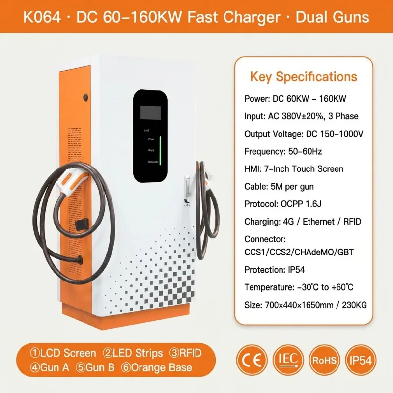 Customized 60KW 120KW 160KW Dual Outlet DC EV Charge Point CCS1 CCS2 CHADEMO GBT OCPP 1.6J 4G RFID IP54 Floor Standing Charging