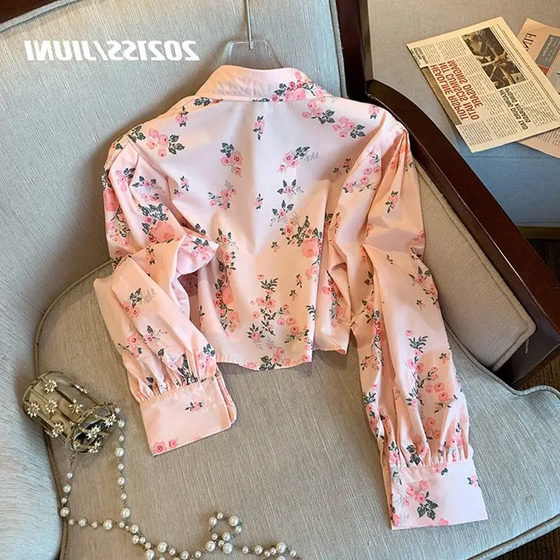 Short Floral Long Sleeve High Street Blouse Spring New Thin Printing Polo Neck Trend Shirt Tops Fashion Casual Women Clothing