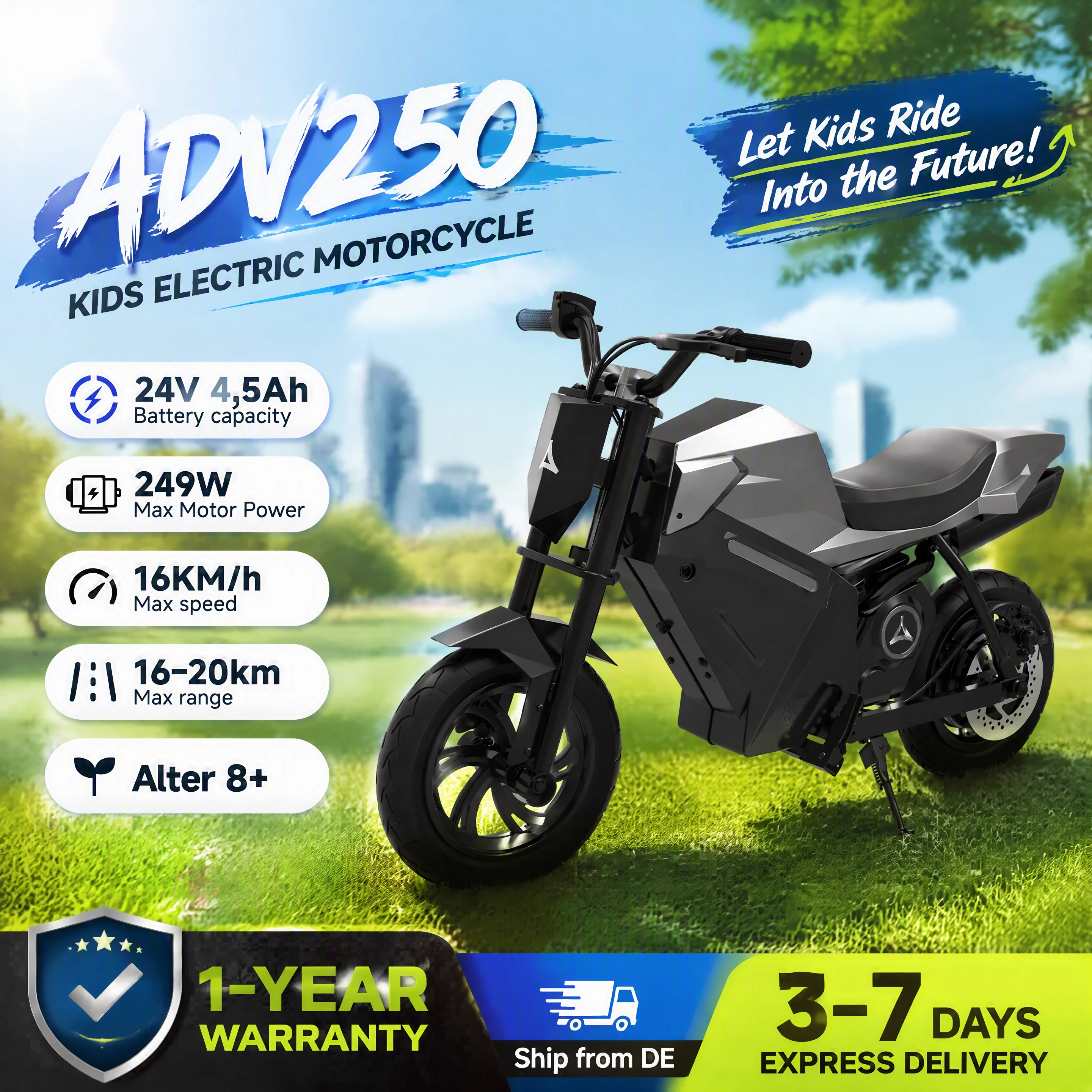 TODIMART Kinder-Elektromotorrad mit bürstenlosem Motor, 21,6 V, 4 Ah Lithium-Akku, 15 km/h Höchstgeschwindigkeit, Hintere Scheibenbremse, 12,5-Zoll-Luftreifen, Offroad-Elektro-Dirtbike für Jungen und