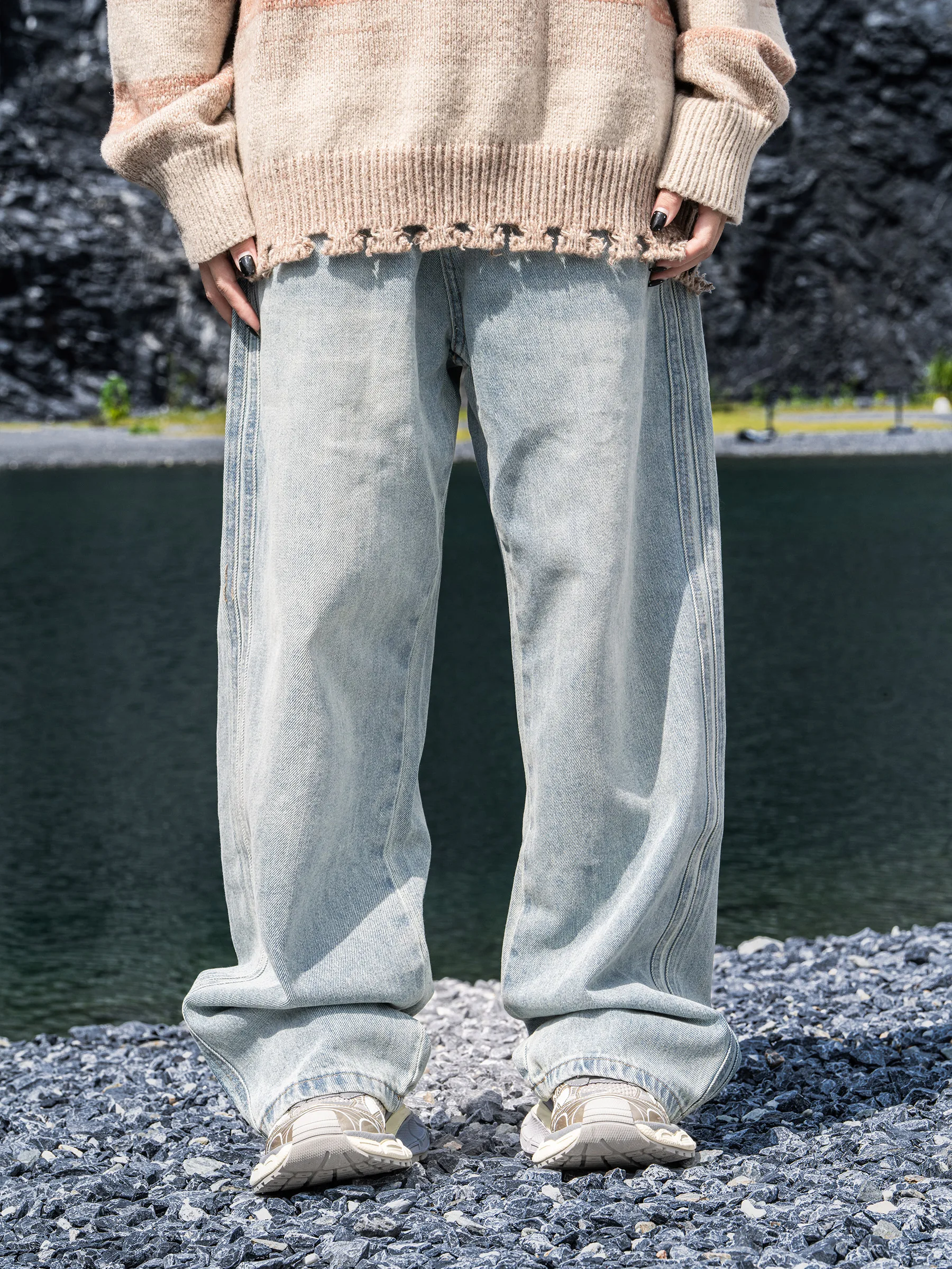 XiaoBin American Retro Street Style Faded Long Pants Knife  Denim Jeans for Men And Women Casual Loose Fit Straight Leg