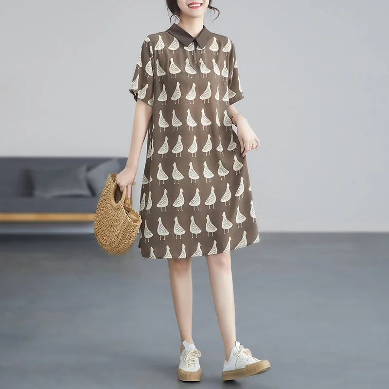 #3450 Summer 2023 Printed Shirt Dress Women Polo Collar Loose Vintage Chiffon Dress Short Sleeve Knee-length Retro A-Line Dress