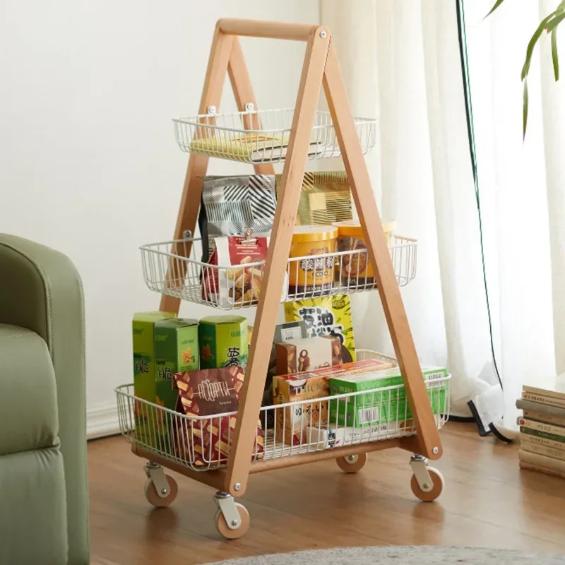 Solid Wood Household Storage Cart Living Room Can Move Snack Storage Shelf Multi-layer Kitchen Fruit Vegetable Finishing Rack