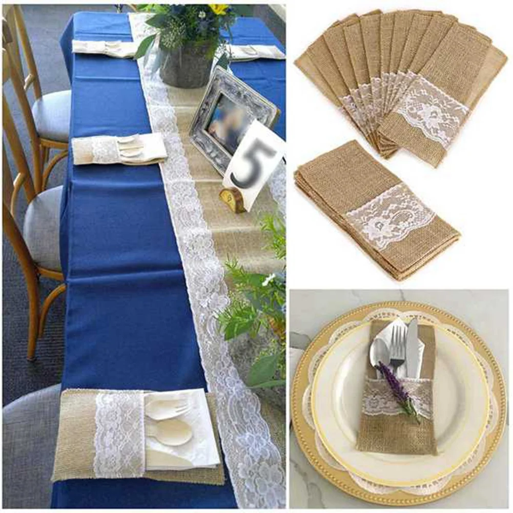 100Pc Burlap Lace Cutlery Pouch Rustic Wedding Tableware Knife Fork Holder Bag Hessian Jute Table Decoration Accessories