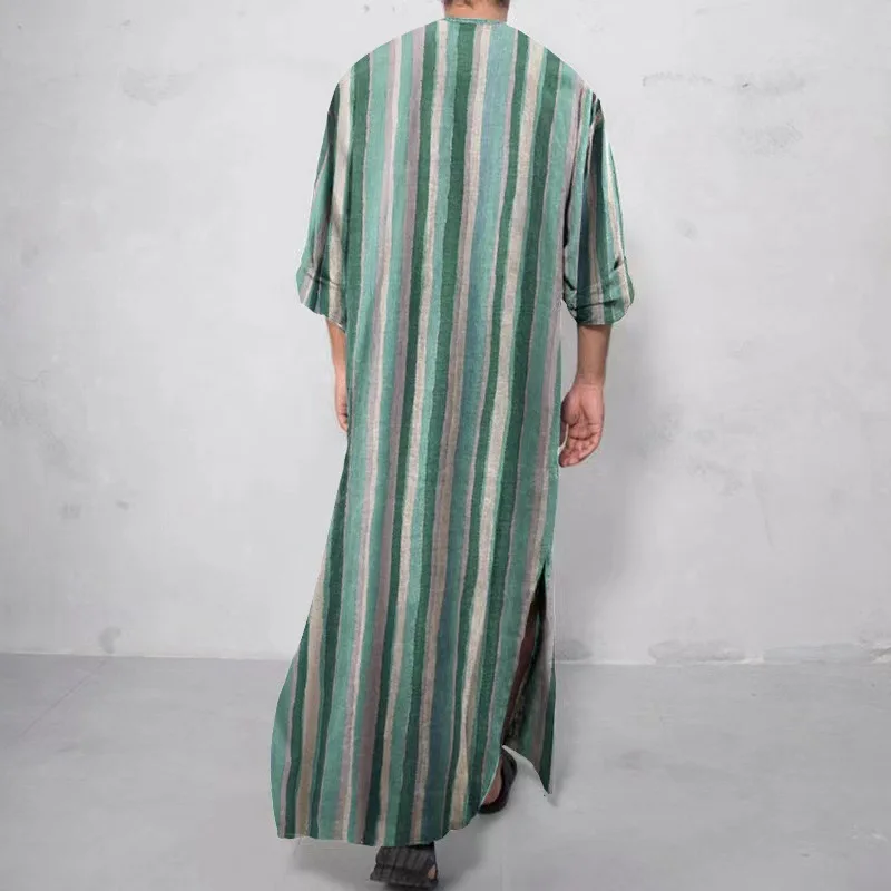 Fashion Muslim Men's Jubba Thobe  New Men's Loose Striped Stand-up Collar Door Tube Short-sleeved Robe Ethnic Style Casual  Robe
