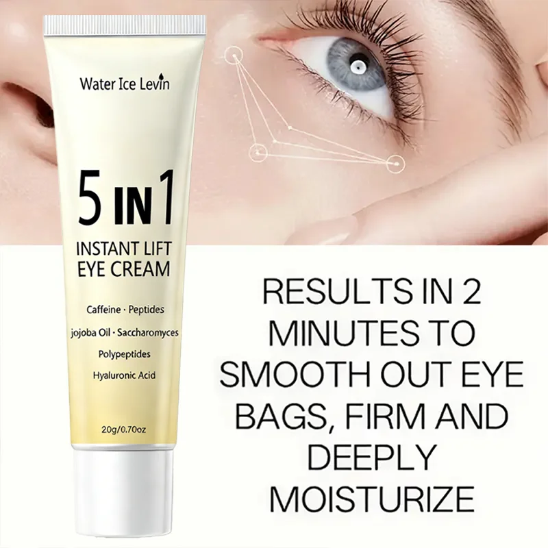 5in1 Instant Lift Eye Cream. 2 Min Results. Smoothes Eye Bags, Firms, Deep Hydration. Caffeine Peptides Hyaluronic Acid. 20g.