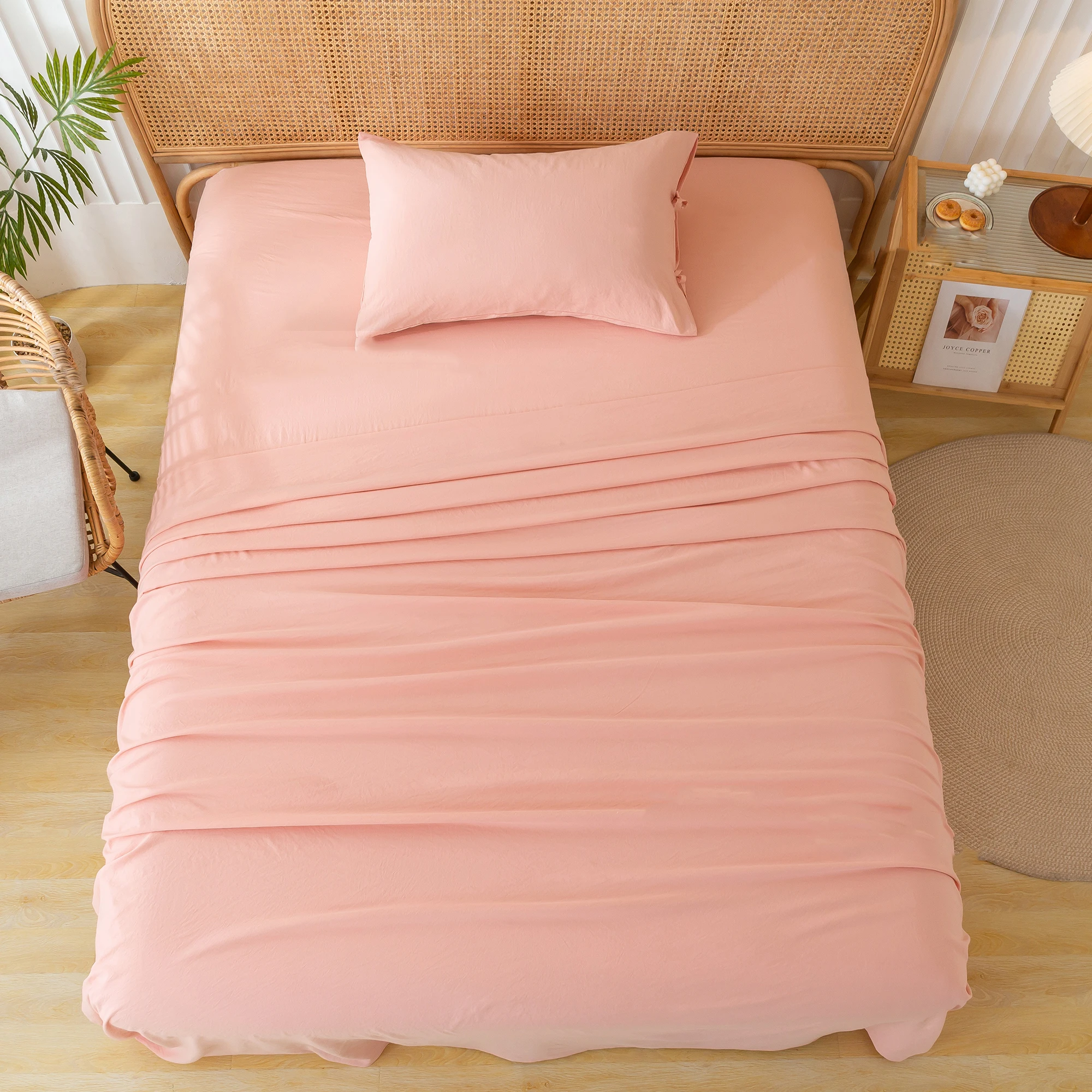 Pink bed sheet set, lightweight,ultra soft,lightweight,washed polyester cotton, All Seasons girl women Dormitory room-Queen size