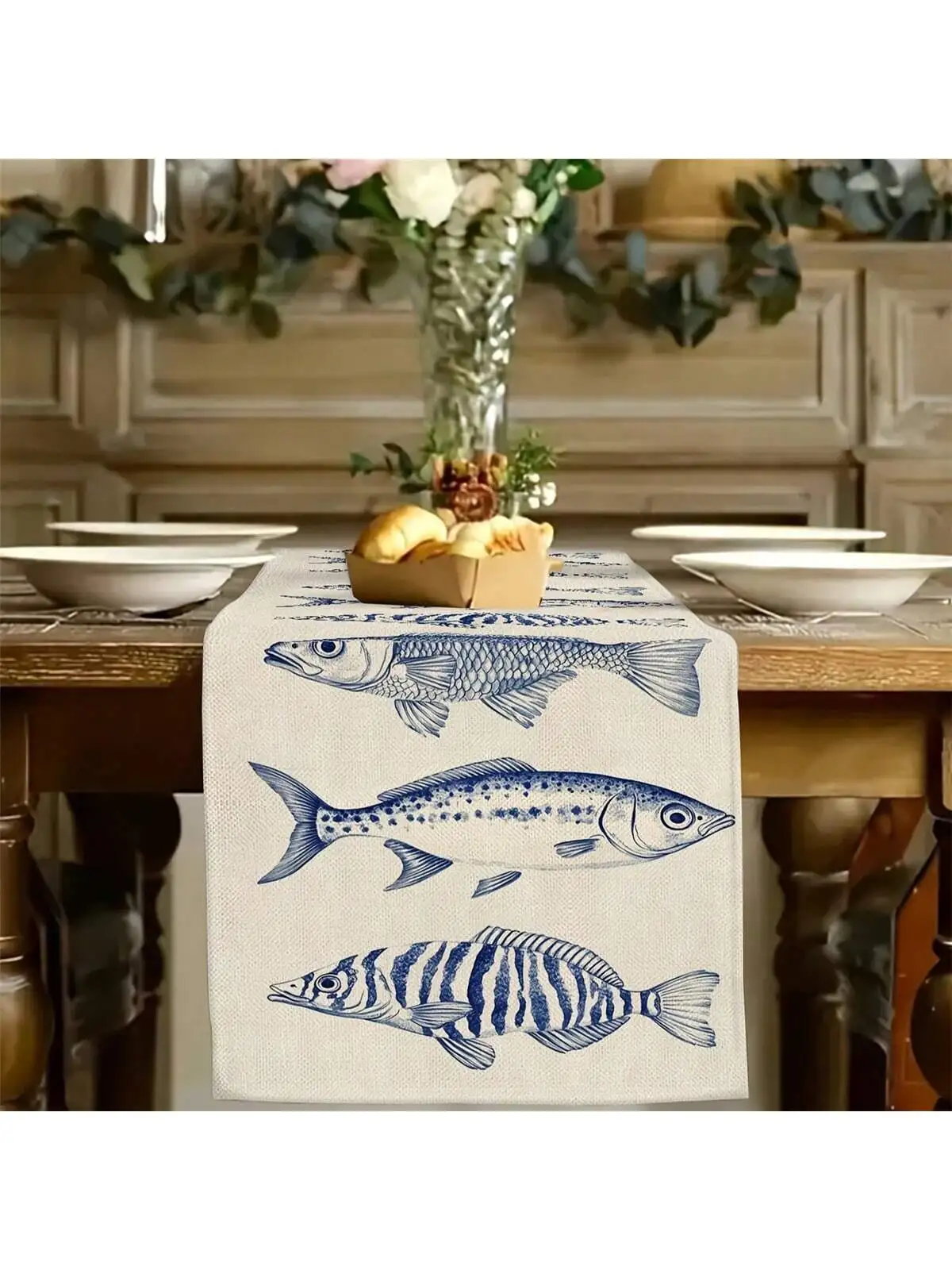 1 Piece Ocean-Themed Tablecloth with Vibrant Sea Fish Patterns - Blue and White Striped Fish Design, Perfect for Beach Parties