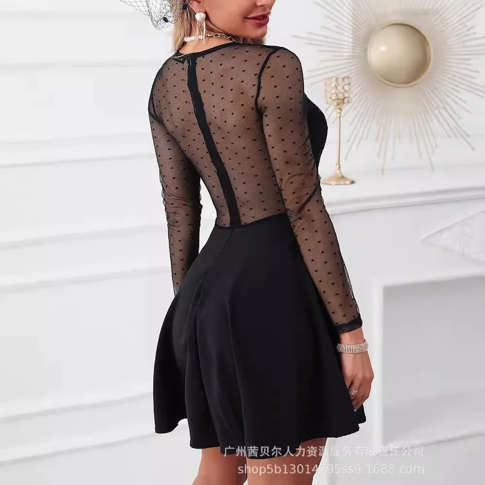 Women Sexy Dress Lace Splice Mini Dresses Backless Full Sleeve A Line High Waist Solid Evening Vestidos Elegant Streetwear