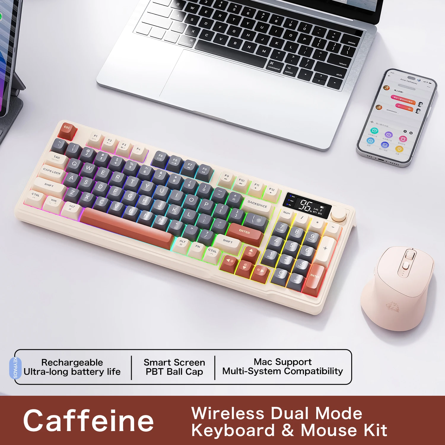 M96 Bluetooth-toetsenbord Draadloos FREEWOLF-schermgamingtoetsenbord, elektronisch scherm, verbinding met meerdere apparaten, ergonomie-gaming