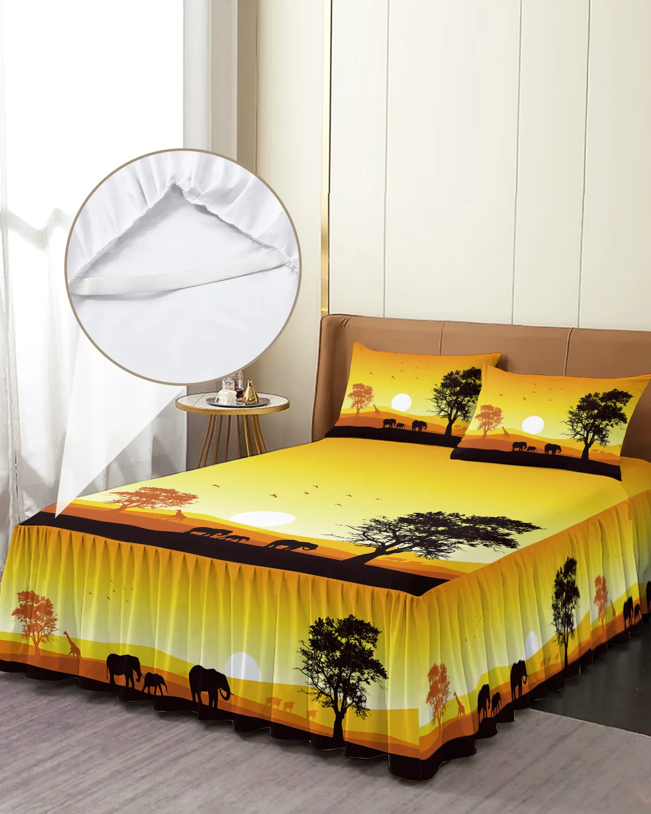 

African Sunset Landscape Elephant Giraffe Silhouette Bed Skirt Fitted Bedspread With Pillowcases Mattress Cover Bedding Set