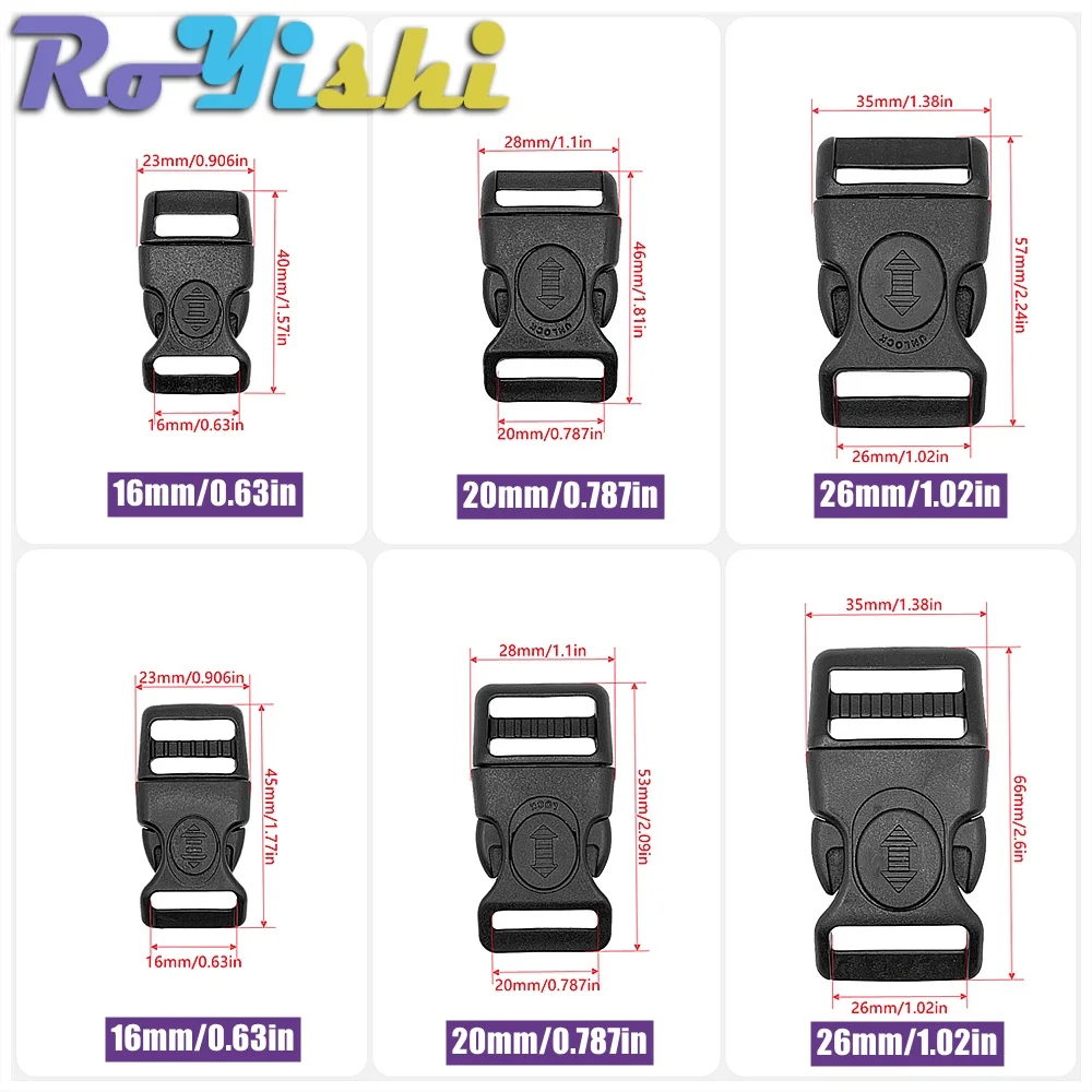 2-100Pcs 16/20/26mm Plastic Curved Side Release Buckle with Lock for Parachute Bracelet Luggage and Backpack Accessories