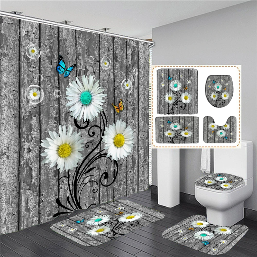 Old Wooden Board Plank Flower Pattern Shower Curtain Set Toilet Cover Rug Carpets Non-slip Kitchen Bath Mat Bathroom Sets Decor