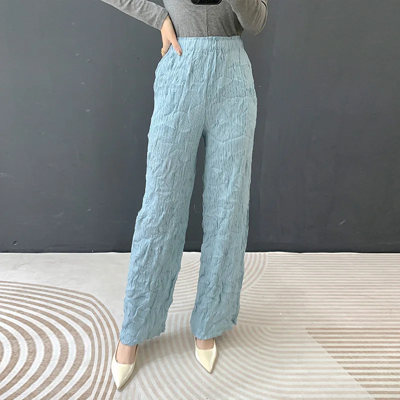 Miyake Pleated 2025 Spring New Fashion Hand Pleated Straight Trousers Women High Waist Draping Slim Pleated Casual Trousers