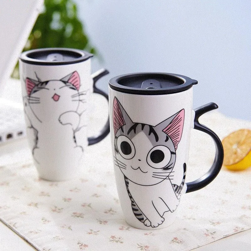 600ml Cute Cat Ceramics Coffee Mug with Lid Large Capacity Animal Mugs Creative Drinkware Coffee Tea Cups Novelty Gifts Milk Cup